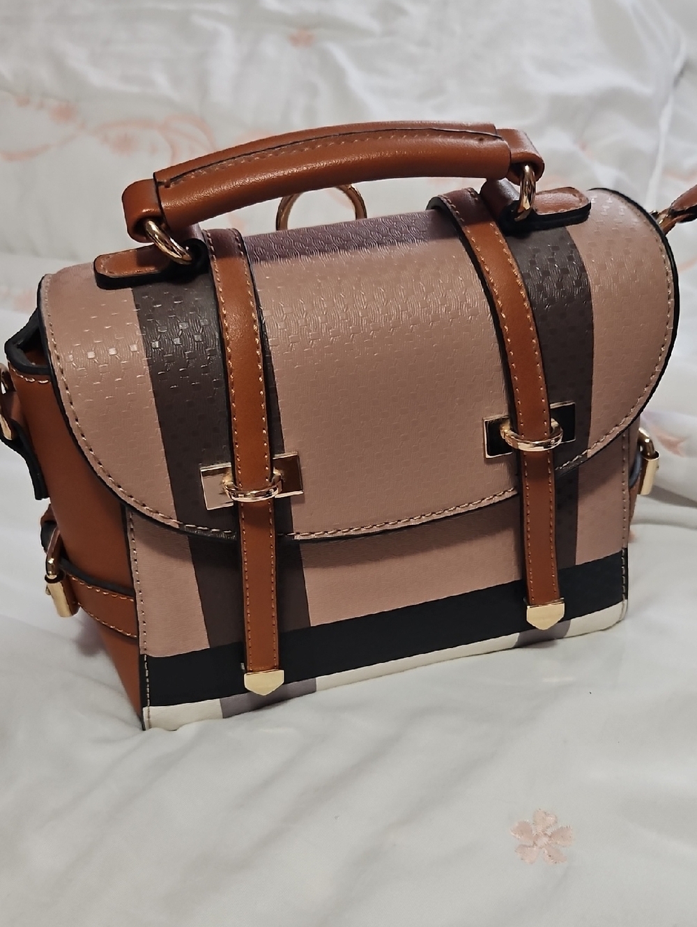 Structured Satchel Handbag in Taupe and Brown
